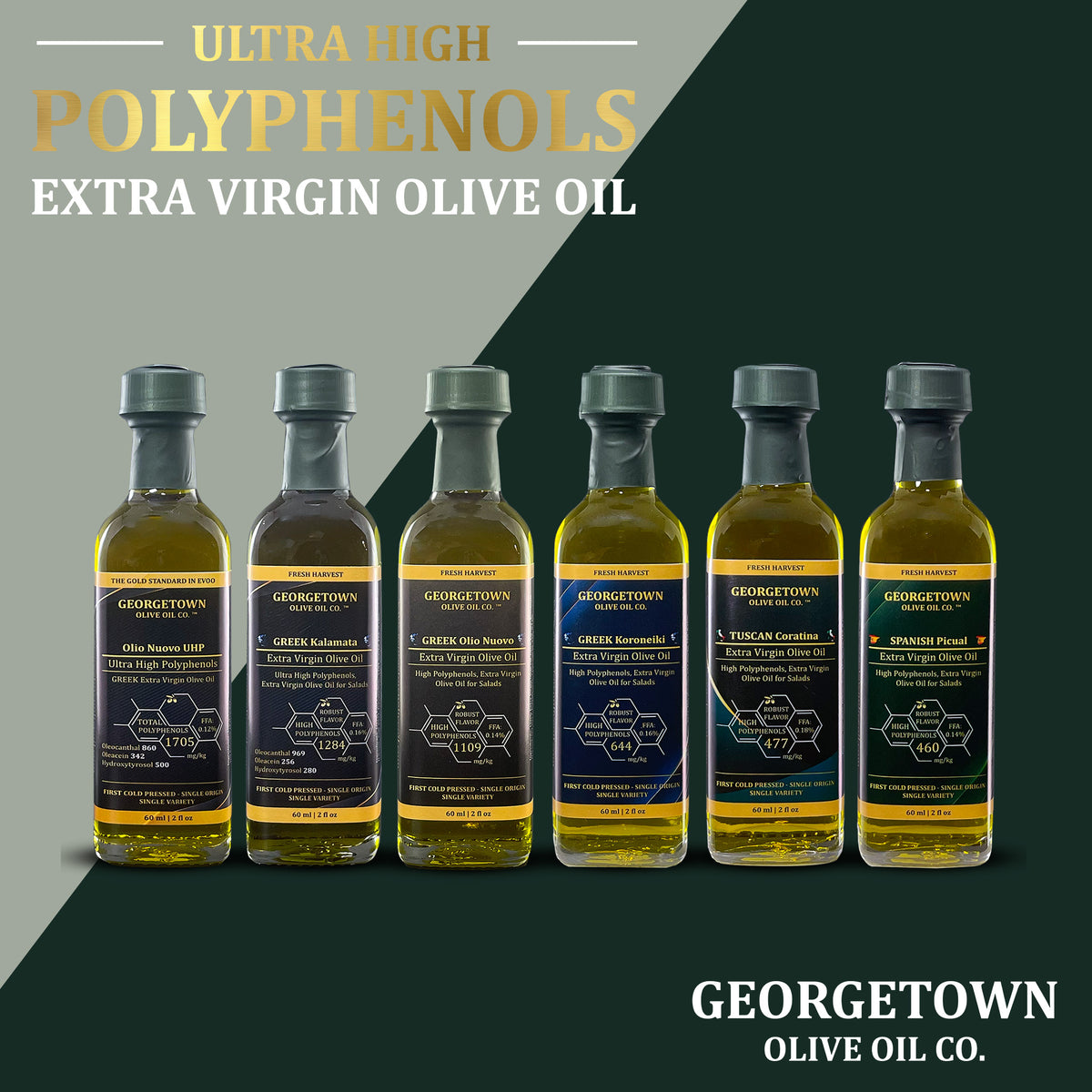 6 Bottle Variety Pack Ultra High Polyphenols Extra Virgin Olive Oil